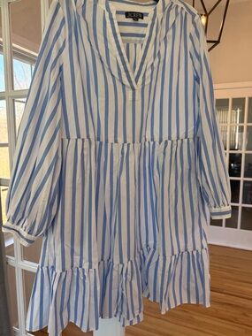 J. Crew Women’s Blue and White Striped Tiered Cotton Dress